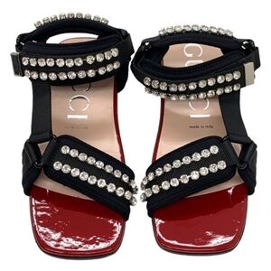 Gucci Shea Crystal Embelished Flat Canvas Neoprene Black and Red Sandals